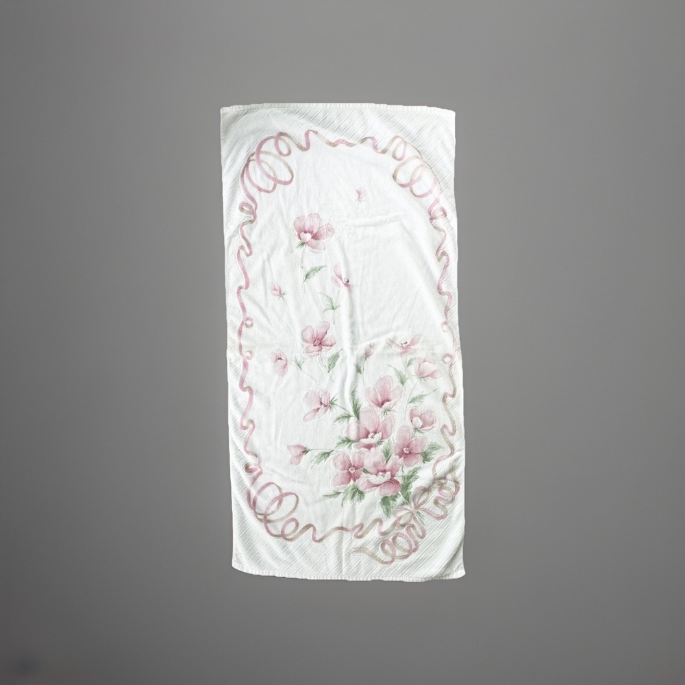 Vtg Franco Luxury Towel Bath Made‎ In Japan White Pink Flowers bouquet  23x45"